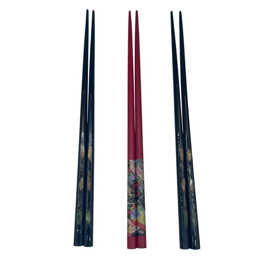 3 Sets Japanese Vintage Black Lacquer Abalone Inlay Chopsticks Mother Of Pearl
